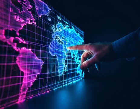 Hand tapping glowing futuristic digital world map, illuminated by cinematic neon blue and pink light.