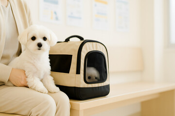 動物病院の待合室でペットキャリーバッグに入って診察を待つ白い小型犬