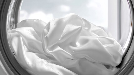 Bright sunlight streams in as freshly washed white linens spin in the washing machine, creating a peaceful and clean atmosphere in the cozy laundry room