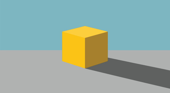 Minimalist yellow 3d cube with long shadow on blue background Vector, illustration