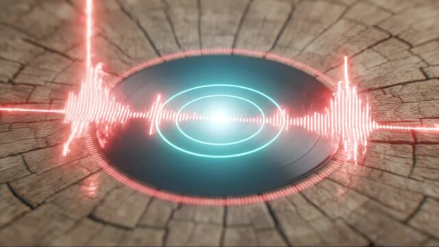 Vinyl Record With Glowing Audio Waveform Visualizer on Wood Surface