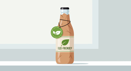 Glass bottle in paper wrap packaging, eco friendly packaging with glass bottle wrap and sustainable product concept, suitable for poster design, article header, and product mockup.