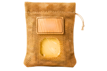 Rustic burlap bag with cheese window and blank wooden label isolated on transparent background