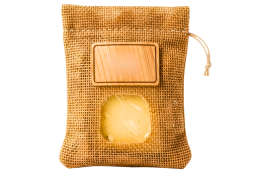 Rustic burlap bag with cheese window and blank wooden label isolated on transparent background