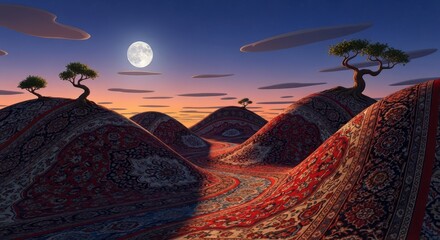 Winding terrain covered in ornate patterned textiles stretches beneath a bright full moon at twilight