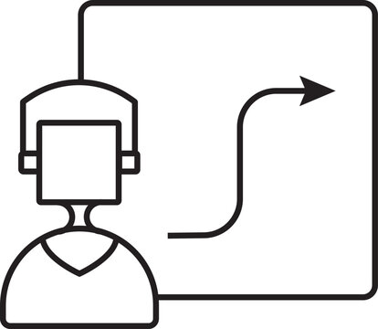 A line art icon of a person with headphones looking at a board with a process arrow, representing training or a guided workflow.