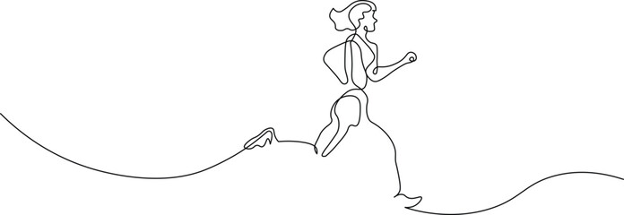 Dynamic one-line drawing of a woman jogging to promote fitness and wellness programs, celebrating healthy lifestyle choices and athletic performance in a minimalist style