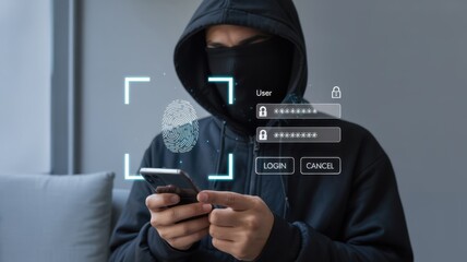 Anonymous individual wearing a face covering attempts unauthorized access to a mobile device featuring biometric scanning and password fields