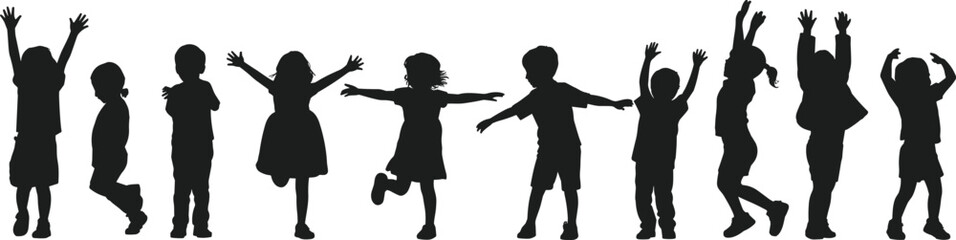Children silhouette jumping, dancing, playing, happy kids vector, joyful childhood, active boys girls, fun pose illustration, white background art