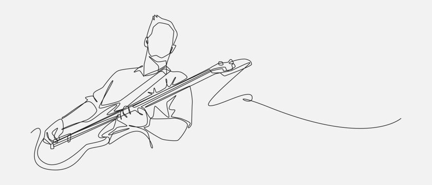 Continuous line drawing of a male musician with bass guitar. Editable vector illustration.