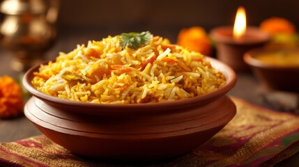 Delicious biryani served in a traditional clay bowl, filled with aromatic rice, tender meat, and vibrant spices. The warm, inviting atmosphere enhances the culinary experience