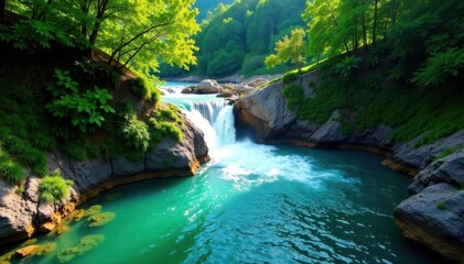 Emerald water tumbles down rocky cliffs, vibrant forest surrounds , waterfall, untamed