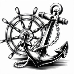 Detailed monochrome illustration of a ship's wheel and anchor with ropes and chain design