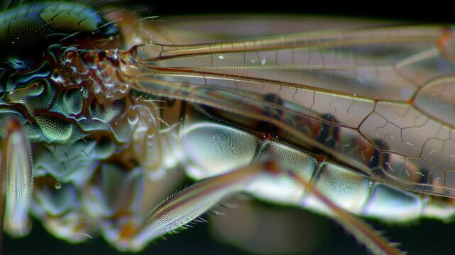 Insect wing detail, close-up, illustrating intricate structures. Science, education, art use