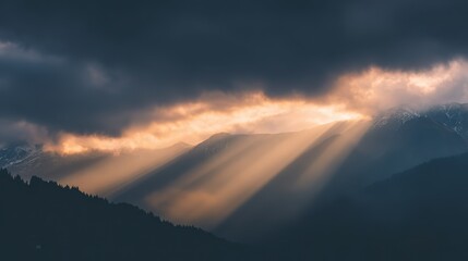 Obraz premium bedrock. Golden light breaking through clouds over a majestic mountain peak. travel magazines, destination branding, designed for outdoor magazines and nature guides and travel destination branding.