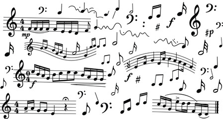 Obraz premium Black and white musical notation symbols and staves with notes and clefs musical notes