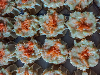 Fresh Dim Sum Filling with Wonton Wrappers and Carrot Topping