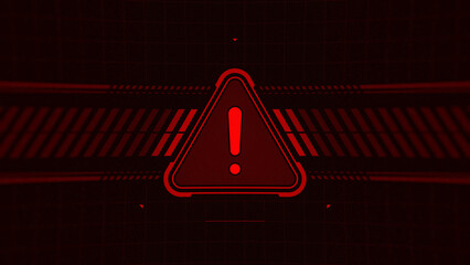 Digital red alert warning sign with exclamation mark in triangle futuristic cyber security background with tech grid and glowing neon lines