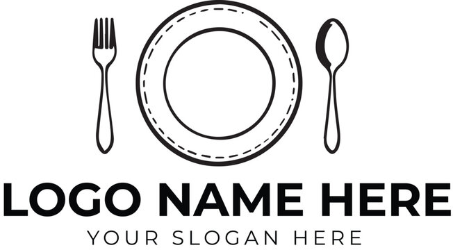 Minimalist logo vector with plate, fork, and spoon in black and white for restaurant or food branding