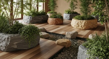 Fototapeta premium Contemporary indoor garden with stone planters and greenery