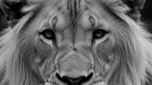 Lion's face staring forward. Black and white close up portrait. For wildlife, nature