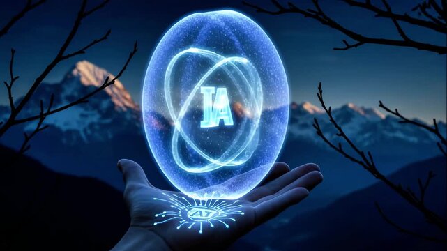 Glowing ai sphere, serene mountain setting with radiant hologram and neural energy rings, futuristic scene where luminous ai orb hovers over mountains amid digital pulsations and holographic displays - Powered by Adobe