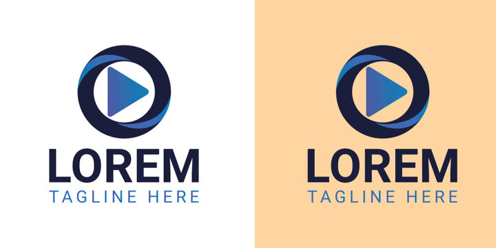 Modern play button logo inside a circular swirl with text placeholders video media
