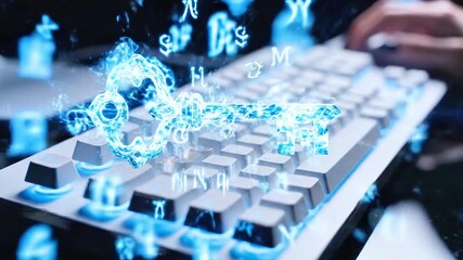 Close-up of hands typing on a compact mechanical keyboard glowing with blue backlight in dim light! - Powered by Adobe