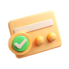 3D payment approval icon featuring a card-like interface and green checkmark in soft pastel tones. Ideal for fintech, digital payments, online transactions, finance apps, and UI design elements.