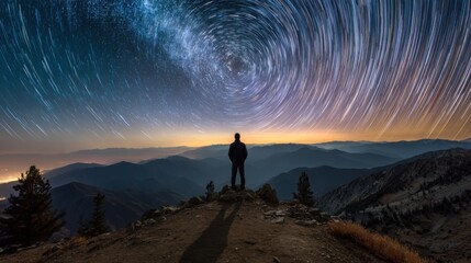 A person stands on a rocky summit, gazing at the spiraling star trails above as soft twilight colors illuminate the distant mountain range. The scene radiates tranquility and wonder.