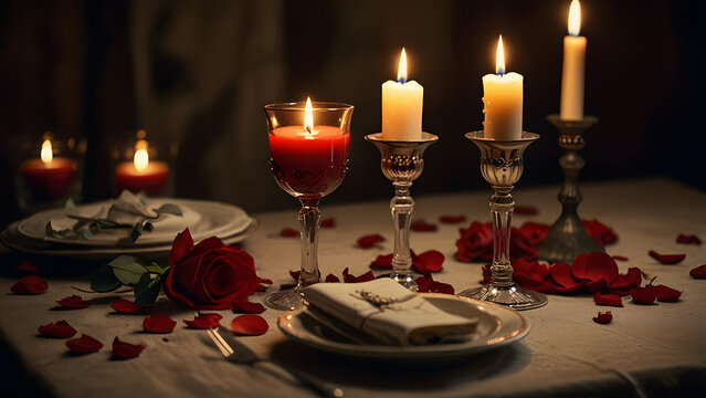 Classic romantic dinner scene featuring two glasses of deep red wine, fresh red roses, and glowing candles is set on a tablecloth with antique porcelain plates. Romance concept