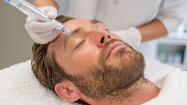 A relaxed man is lying on a treatment bed while a skincare professional performs a facial treatment on him.