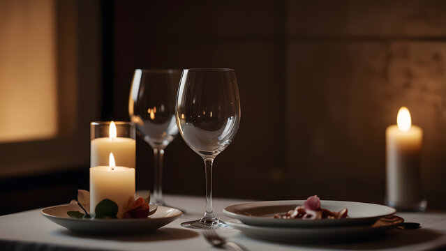Clean and simple candlelit dinner setup is elegantly arranged with a wine bottle, a glass of red wine, and subtle white roses on a wooden table. Romance concept
