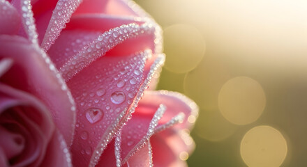 Fototapeta premium Pink Rose Petals with Dew Drops Sparkling in the Morning Light Close-Up