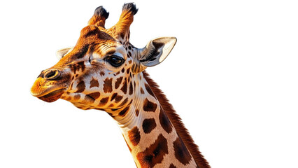 Close up portrait of giraffe head against white background