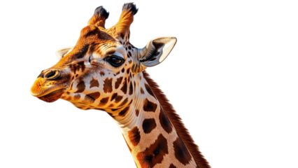 Close up portrait of giraffe head against white background