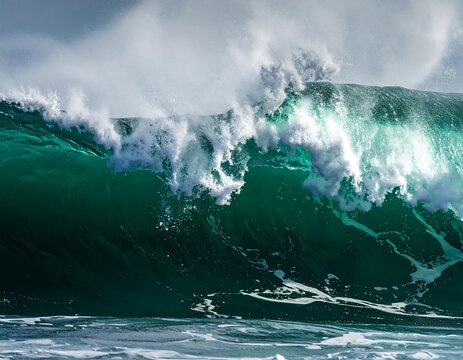 Powerful ocean wave crashing with foamy spray and turquoise hues.