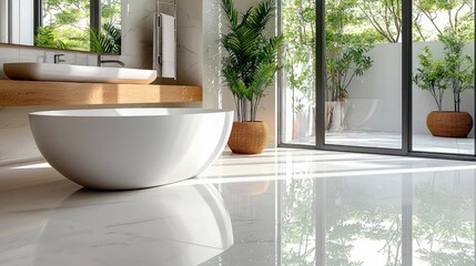 A bright, modern bathroom featuring a white freestanding bathtub, a long sink, and large glass doors opening to a patio with potted plants. Sunlight streams in,
