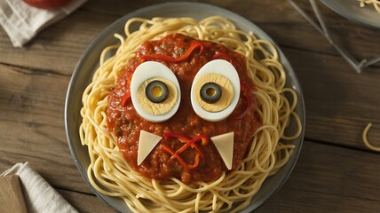 Spaghetti Monster Face with Egg Eyes and Cheese Teeth
