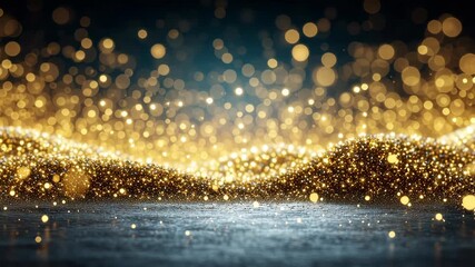 Shimmering golden glitter forms a glowing wave over a dark, textured floor with bokeh lights. - Powered by Adobe