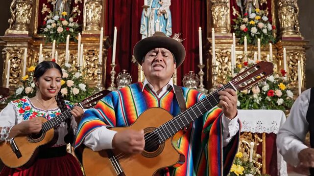 Andean musicians perform traditional music in a church setting.