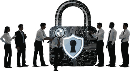 Business team inspecting digital padlock with magnifying glass, cybersecurity concept, data protection, corporate safety, privacy compliance, network firewall technology illustration