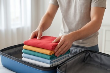The traveler neatly packs colorful folded clothes into a blue suitcase, symbolizing organization, readiness, and anticipation for a stylish, well‑planned holiday or vacation journey.