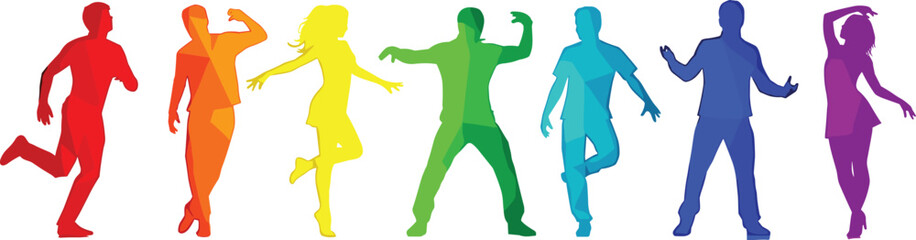 Diverse group of people in rainbow colored geometric silhouettes dancing and posing