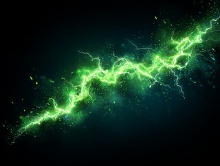 Dynamic Green Energy Lightning Bolt with Particle Effects on Dark Background