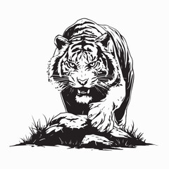 Tiger Prowling on Rock, Ready to Strike Vector Illustration