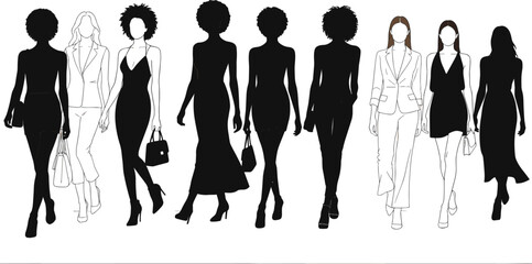 Fashion silhouette group of stylish women walking confidently in modern outfits, elegant poses, trendy design, illustration for contemporary artwork