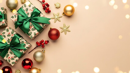 Christmas Gift Boxes with Green Ribbons and Holiday Decorations on Beige Background