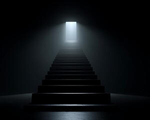 Eerie Staircase Ascending into Bright Light in Dark Room Mysterious Ambience