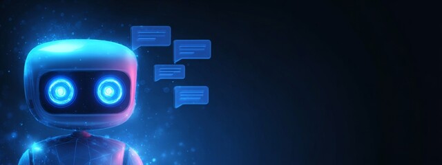 Futuristic Chatbot Avatar with Glowing Eyes and Floating Text Bubbles in a Dark Environment